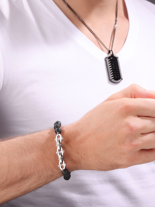 Police Bolt narukvicu - brojanicu za muškarce od crnog lava kamena i detaljima u boji srebra, lako poručite putem Timer.co.rs online prodavnice.