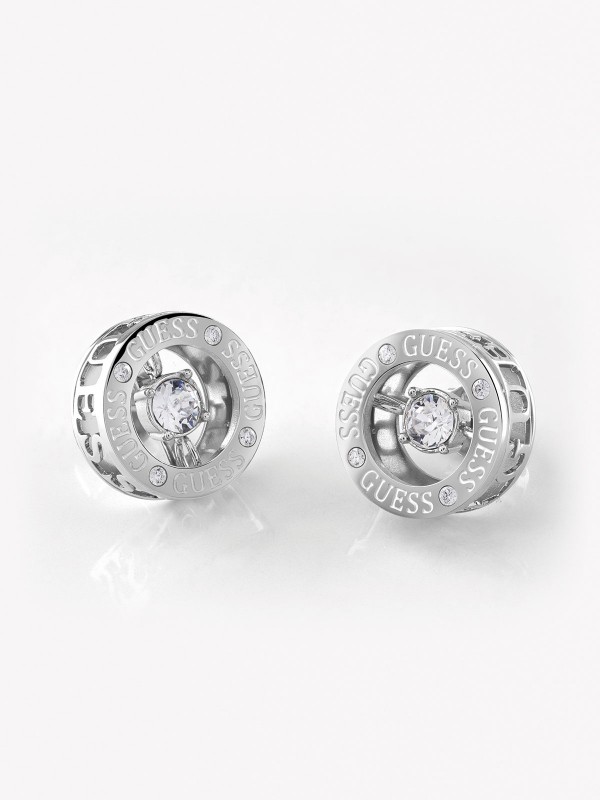 Moderne Solitaire GUESS ženske minđuše od nerđajućeg čelika u boji srebra sa detaljem kruga i cirkonom. Poručite Guess Spring 2022 kolekciju online.