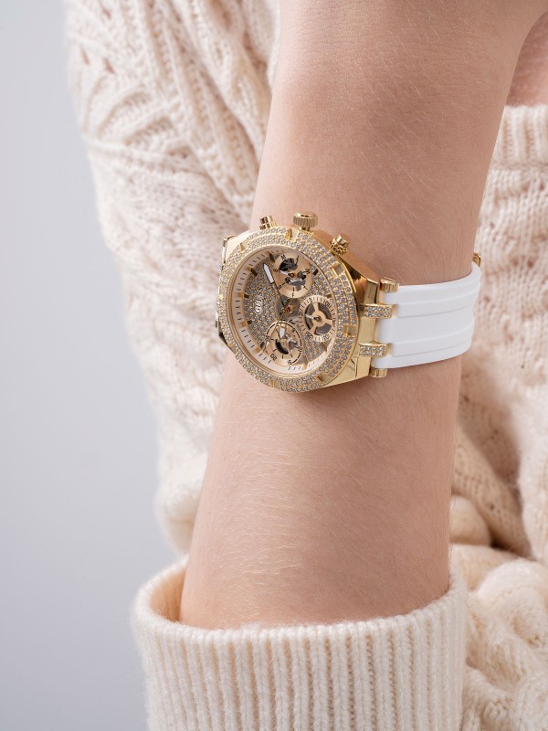 Ekskluzivni zlatni sat sa šampanj glitz brojčanikom. GUESS ŽENSKI SAT HEIRESS GW0407L2 - Prečnik 38mm. Kupite online!