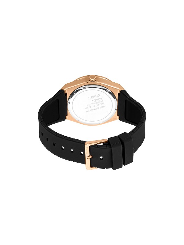 Moderan ESPRIT muški ručni sat - sa kućištem u boji ružičastog zlata i efektnom crnom silikonskom narukvicom, brzo i lako poručite u Timer.co.rs online shop-u.