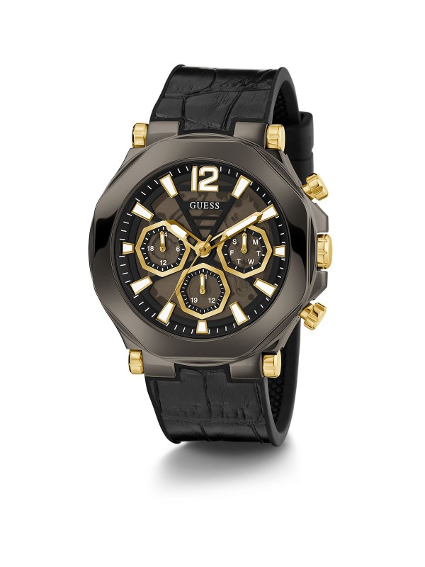 Guess Edge muški ručni sat - model sa crnim brojčanikom i crnim kožnim kaišem sa kroko printom, brzo i lako poručite putem Timer.co.rs online shop-a.