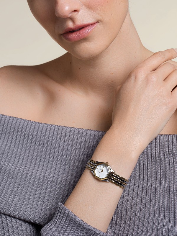 Rosefield Gemme ženski ručni sat - model u kombinaciji boja srebra i žutog zlata sa osmougaonim kućištem, lako poručite putem Timer.co.rs online shop-a.