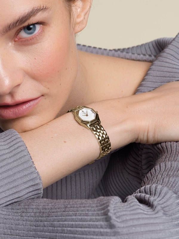 Rosefield Gemme ženski ručni sat - model u boji žutog zlata sa osmougaonim kućištem, lako poručite putem Timer.co.rs online shop-a na kućnu adresu.