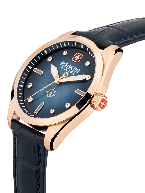 Swiss Military Hanowa Mountain Crystal ženski sat - model sa efektnim teget kožnim kaišem sa kroko printom, poručite putem Timer.co.rs online shop-a.