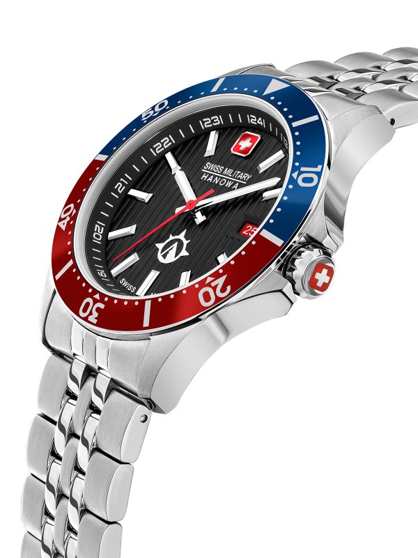 Swiss Military Hanowa Flagship X muški ručni sat - model kućišta u boji srebra sa detaljima u plavoj i crvenoj boji, poručite putem Timer.co.rs online shop-a.