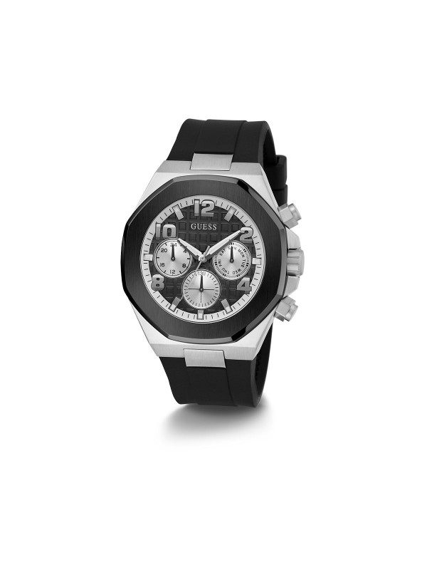 GUESS MUŠKI SAT EMPIRE GW0583G1 - srebrni sat, oktogonalno kućište, crna silikonska narukvica. Luksuz i funkcionalnost na zglobu. Kupite online!