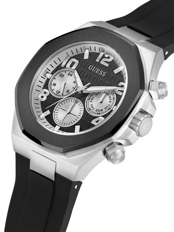 GUESS MUŠKI SAT EMPIRE GW0583G1 - srebrni sat, oktogonalno kućište, crna silikonska narukvica. Luksuz i funkcionalnost na zglobu. Kupite online!