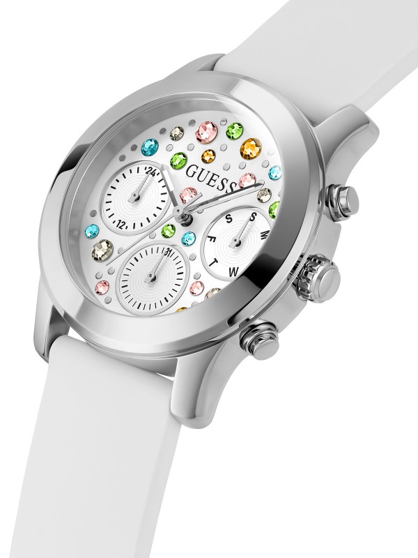 Sofisticirano belo. GUESS ŽENSKI SAT FANTASIA GW0560L1 - Prečnik 38mm, srebrni brojčanik sa cirkonima u raznim bojama. Kupite online!