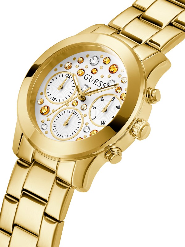 Ekskluzivna elegancija u zlatnoj boji. GUESS ŽENSKI SAT FANTASIA GW0559L2 - Prečnik 38mm, beli brojčanik sa cirkonima u raznim bojama. Poručite online!