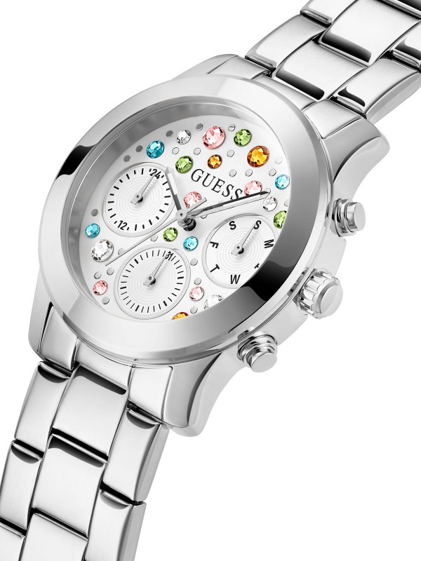 Razigrana kombinacija boja - GUESS ŽENSKI SAT FANTASIA GW0559L1 - Prečnik 38mm, srebrni brojčanik sa cirkonima u raznim bojama.