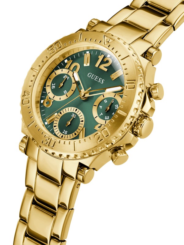 Izražajna elegancija u zlatnoj boji. GUESS ŽENSKI SAT COSMIC GW0465L5 - Prečnik 36mm, zeleni sunray brojčanik. Kupite online!