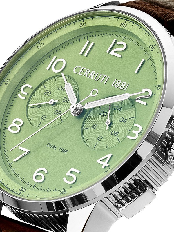 Elegantan CERRUTI 1881 Mucciano muški sat sa dualnim vremenom, mint zelenim brojčanikom i braon kožnom narukvicom. Savršen za svaki stil!