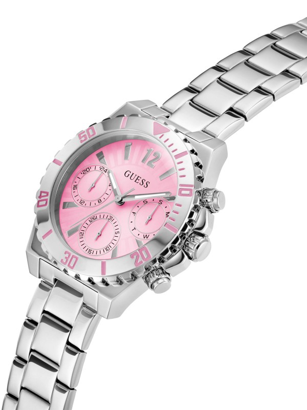 Elegantan Guess ženski sat "Phoebe" GW0696L1, srebrni multi-function sa roze brojčanikom, vodootporan do 30m. Idealno za svaki stil!
