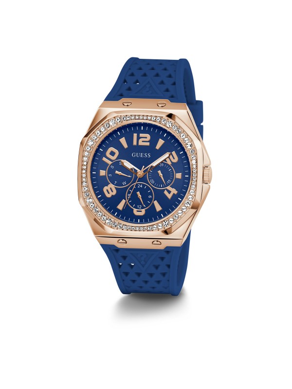 Elegantan Guess ženski sportski sat "Zest" GW0694L4 s oktagonalnim kućištem roze zlata i teget silikonskom narukvicom.