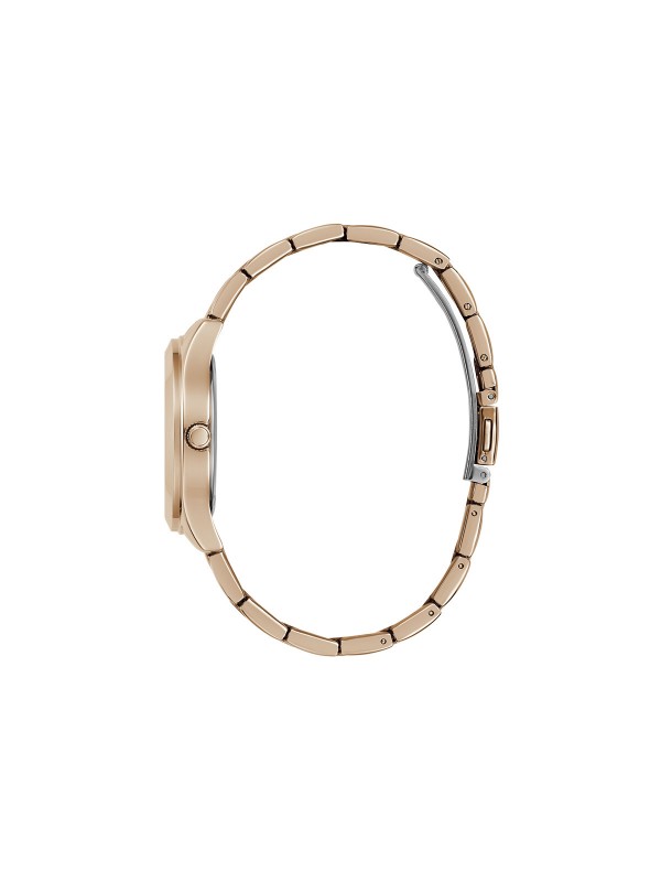 Elegantan GUESS ženski sat "Tri Plaque" GW0675L3 u roze zlatnoj boji s teget trouglom i logotipom. Vodootporan, kvarcni mehanizam.