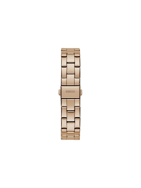 Elegantan GUESS ženski sat "Tri Plaque" GW0675L3 u roze zlatnoj boji s teget trouglom i logotipom. Vodootporan, kvarcni mehanizam.