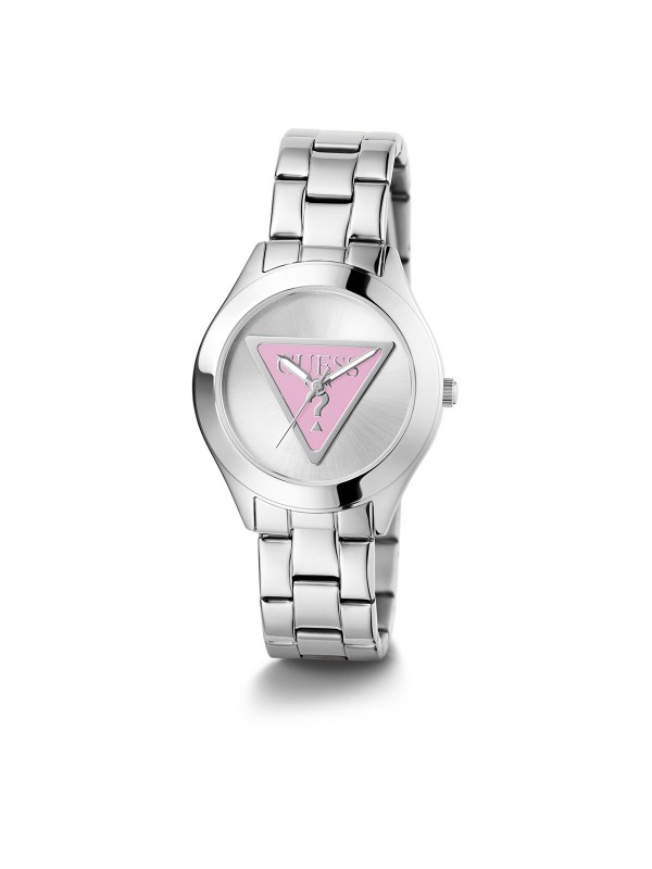 Elegantan GUESS ženski sat "Tri Plaque" GW0675L1 sa srebrnim brojčanikom, pink trouglom i logotipom. Vodootporan, kvarcni mehanizam.