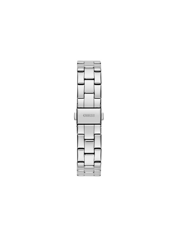 Elegantan GUESS ženski sat "Tri Plaque" GW0675L1 sa srebrnim brojčanikom, pink trouglom i logotipom. Vodootporan, kvarcni mehanizam.