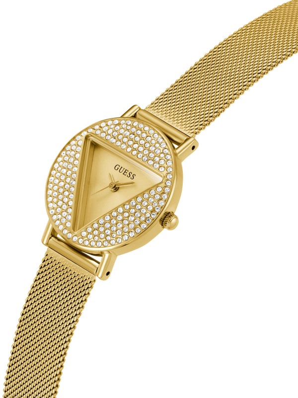 Elegantan GUESS ženski sat "Mini Iconic" sa zlatnim trouglom i cirkonima. Vodootporan, kvarcni, mrežasta narukvica u zlatnoj boji.