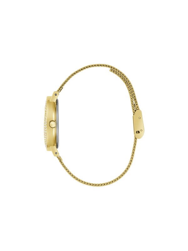 Elegantan GUESS ženski sat "Mini Iconic" sa zlatnim trouglom i cirkonima. Vodootporan, kvarcni, mrežasta narukvica u zlatnoj boji.