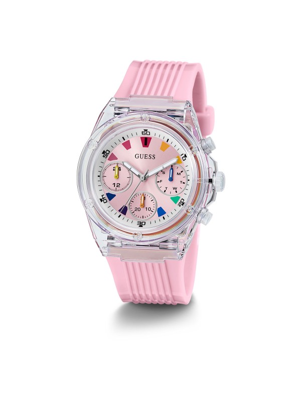 Otkrijte GUESS Athena multifunkcionalni ženski sat - spoj sportske elegancije i roze glamura, vodootporan do 30m s kvarcnim mehanizmom.