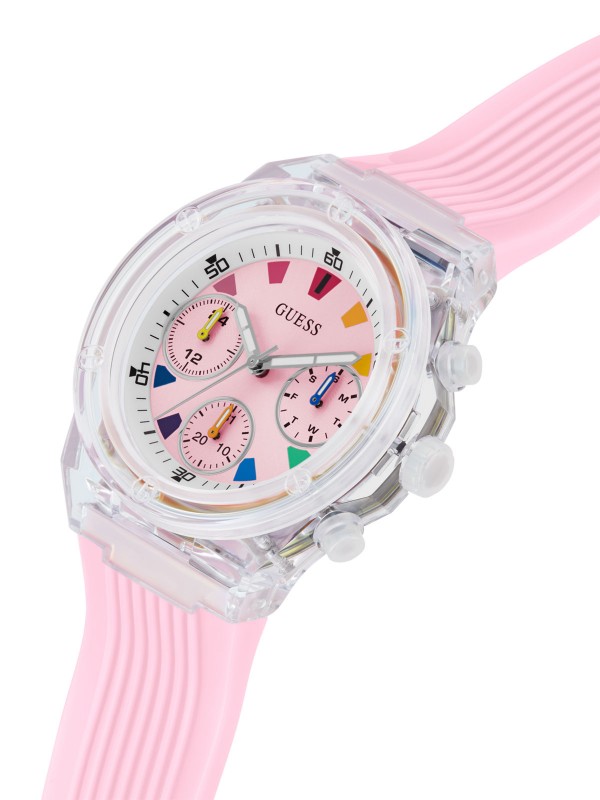 Otkrijte GUESS Athena multifunkcionalni ženski sat - spoj sportske elegancije i roze glamura, vodootporan do 30m s kvarcnim mehanizmom.