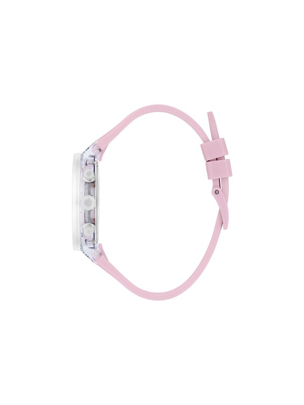 Otkrijte GUESS Athena multifunkcionalni ženski sat - spoj sportske elegancije i roze glamura, vodootporan do 30m s kvarcnim mehanizmom.