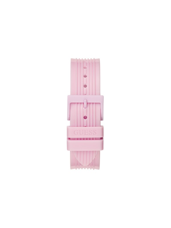 Otkrijte GUESS Athena multifunkcionalni ženski sat - spoj sportske elegancije i roze glamura, vodootporan do 30m s kvarcnim mehanizmom.