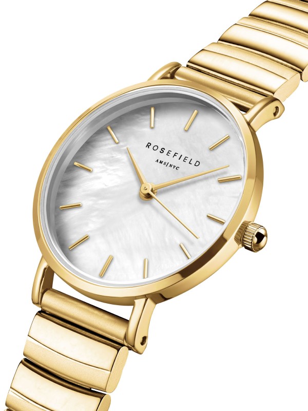 Elegantni Rosefield ženski sat u boji žutog zlata sa sedef brojčanikom, prečnika 26mm, savršen za sofisticirane dame.