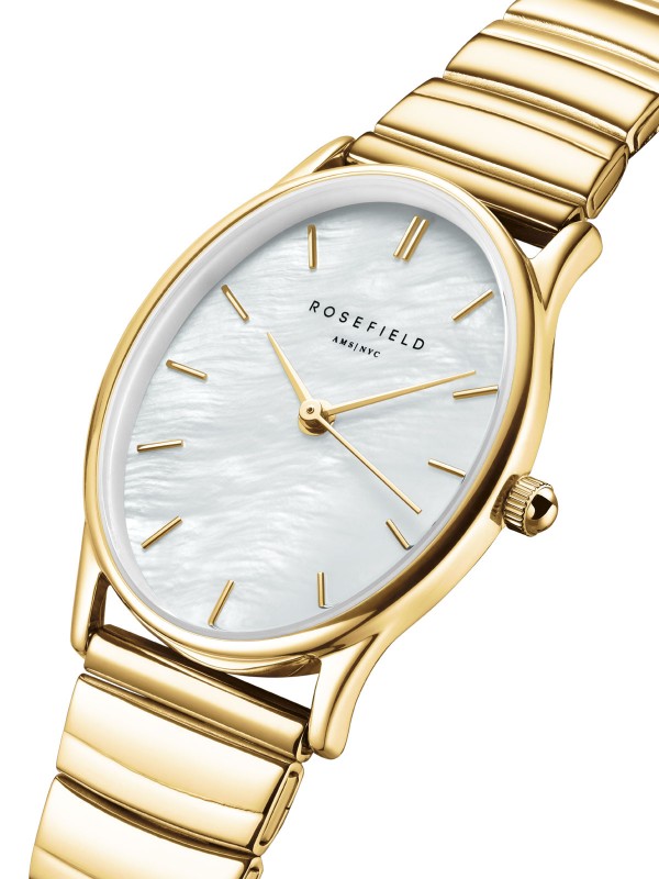 Elegantni Rosefield Oval Pearl Gold sat sa sedef brojčanikom i žutim zlatom, idealan za sofisticirane dame.