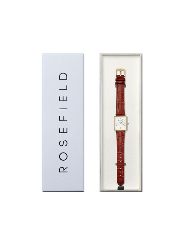 Kvadratni Rosefield ženski sat sa zlatnim kućištem i braon kožnom narukvicom, prečnika 22mm, nudi retro stil i funkciju datuma.
