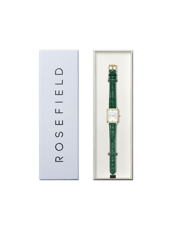 Elegantni Rosefield ženski sat s osmougaonim kućištem u zlatnoj boji i zelenom kožnom narukvicom, savršen za manji zglob.