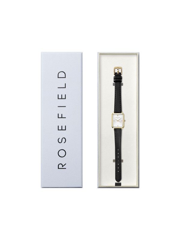 Elegantni Rosefield ženski sat s osmougaonim kućištem u zlatnoj boji i crnom kožnom narukvicom, savršen za manji zglob.