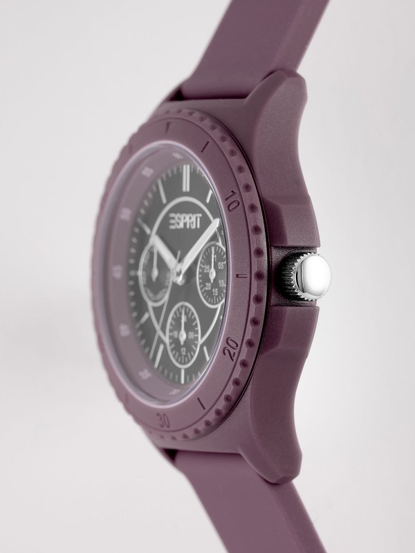 Elegantni Esprit ženski sat od reciklirane plastike u bordo boji, prečnika 38mm, sa kvarcnim mehanizmom i vodootpornošću do 30m.