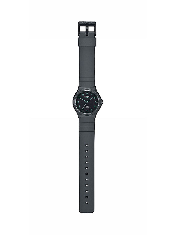 Ekološki odgovoran Casio MQ-24B-8BEF sat s minimalističkim dizajnom i zelenim brojevima. Lagano gumeno kućište i narukvica.