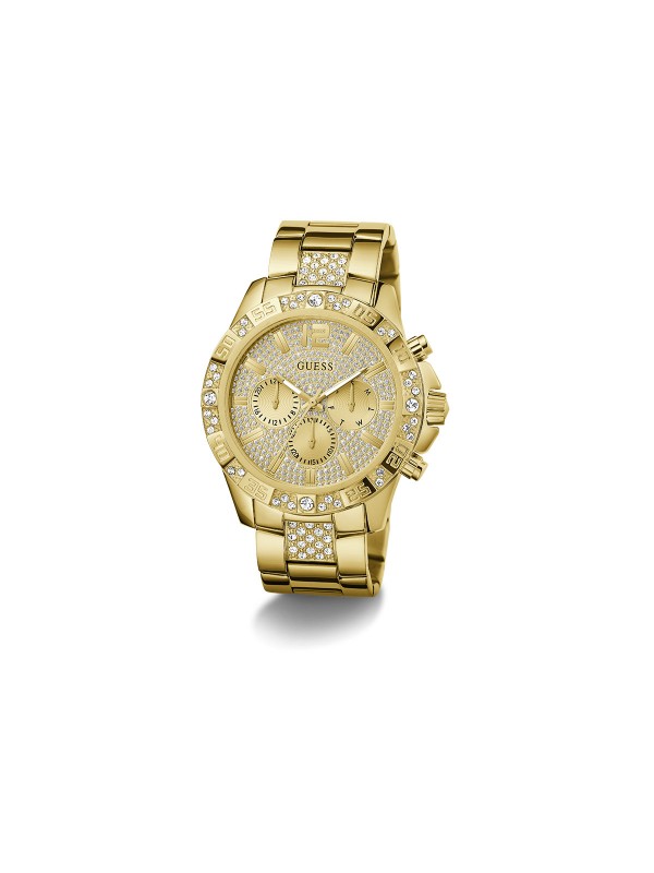 Elegantni muški sat u boji žutog zlata sa cirkonima, prečnika 48mm, vodootporan do 50m, sa kvarcnim mehanizmom i čeličnom narukvicom.
