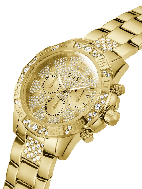 Elegantni muški sat u boji žutog zlata sa cirkonima, prečnika 48mm, vodootporan do 50m, sa kvarcnim mehanizmom i čeličnom narukvicom.