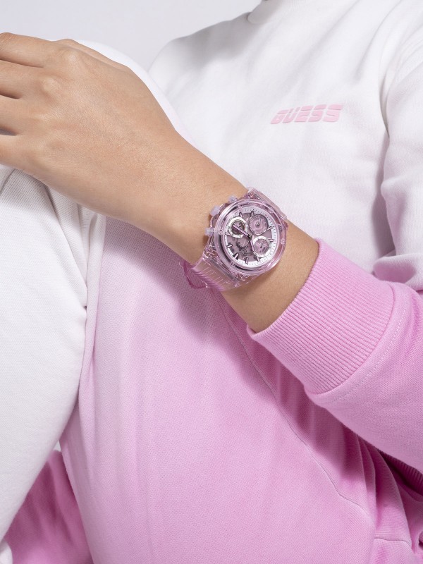 Elegantni ženski sat od bio materijala u pink boji, sportski i glamurozni dizajn, sa kvarcnim mehanizmom i vodootpornošću do 30m.