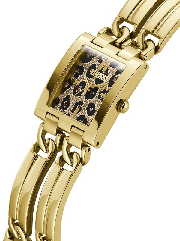 Elegantni ženski sat GUESS sa leopard šarom i cirkonima, savršen za svaki stil. Samopodesivi G-linkovi za idealno pristajanje.