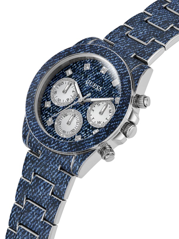 GUESS ženski sat "Indigo" GW0750L1: Teksas print, multifunkcionalni brojčanik, prečnik 38mm, vodootporan do 50m. Dodajte stil svom izgledu!