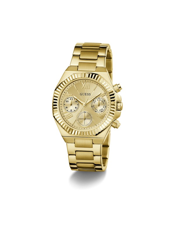 Guess ženski sat u boji žutog zlata s multi-function mehanizmom i reckastim okvirom. Elegancija i funkcionalnost u jednom.