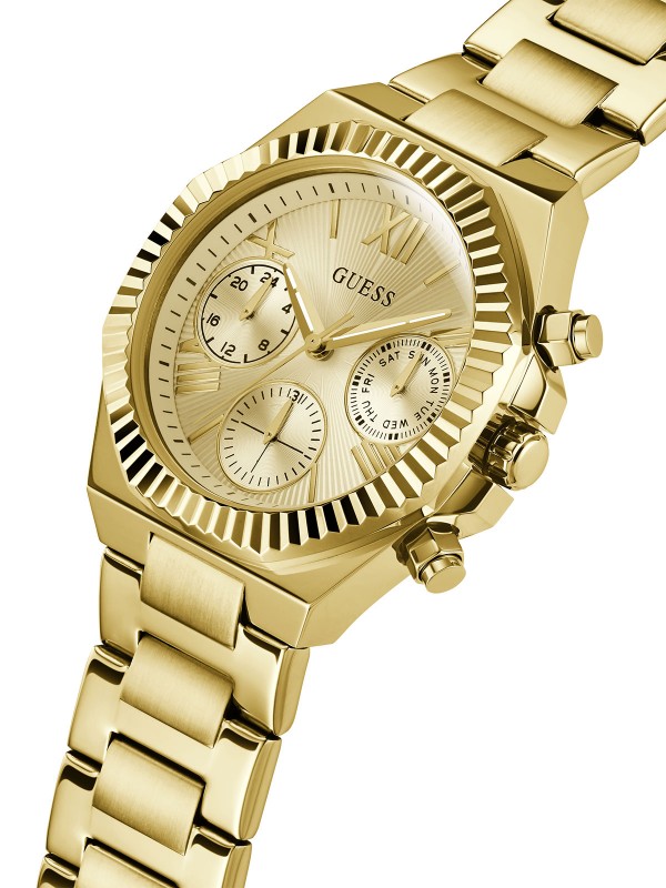 Guess ženski sat u boji žutog zlata s multi-function mehanizmom i reckastim okvirom. Elegancija i funkcionalnost u jednom.