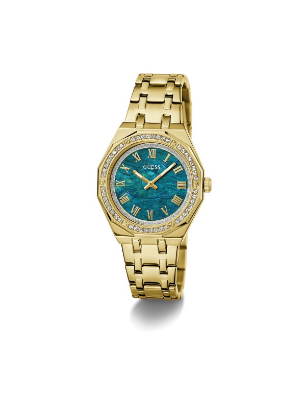 Elegantni Guess ženski sat sa cirkonima, zeleni sedef brojčanik i čelična narukvica u boji žutog zlata. Savršen za sofisticirane dame.