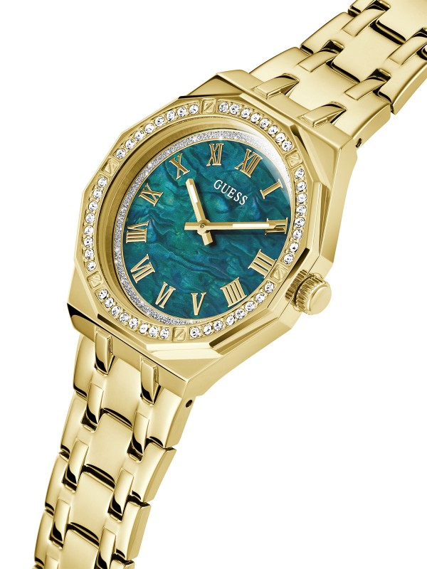 Elegantni Guess ženski sat sa cirkonima, zeleni sedef brojčanik i čelična narukvica u boji žutog zlata. Savršen za sofisticirane dame.