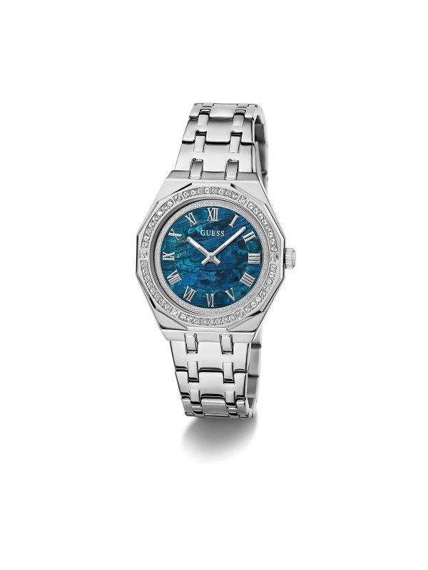 Elegantni Guess ženski sat sa cirkonima, plavim sedef brojčanikom i čeličnom narukvicom u boji srebra. Savršen za sofisticirane dame.
