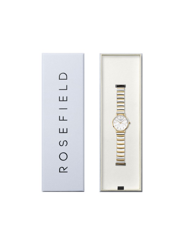 Elegantni Rosefield ženski sat u dve boje, zlatnoj i srebrnoj, sa sedef belim brojčanikom i japanskim kvarcnim mehanizmom.