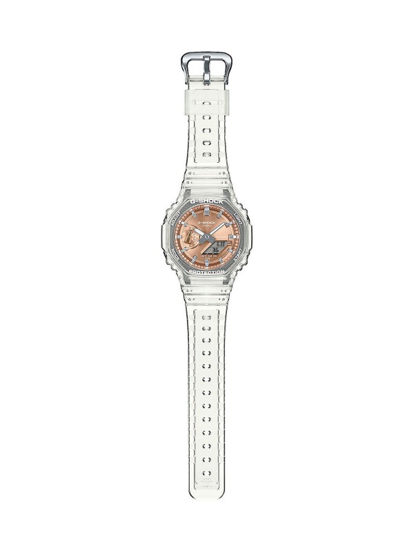 G-SHOCK muški sat oktagonalnog oblika, transparentne bele boje sa bronzanim brojčanikom, iz popularne serije GA-2100.