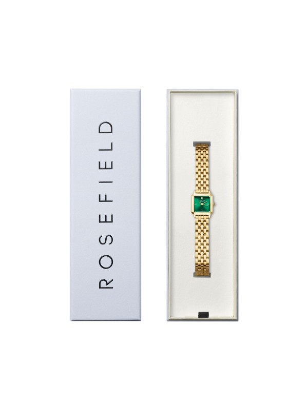 Elegantni Rosefield sat kvadratnog oblika u boji žutog zlata sa smaragdno zelenim brojčanikom, savršen za sofisticirani stil.