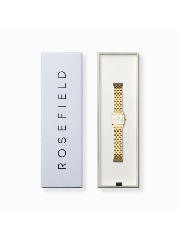 Rosefield kvadratni sat u boji žutog zlata sa belim brojčanikom, elegantan dizajn, japanski kvarcni mehanizam, vodootporan do 30m.