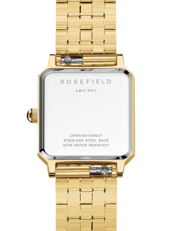 Rosefield kvadratni sat u boji žutog zlata sa belim brojčanikom, elegantan dizajn, japanski kvarcni mehanizam, vodootporan do 30m.
